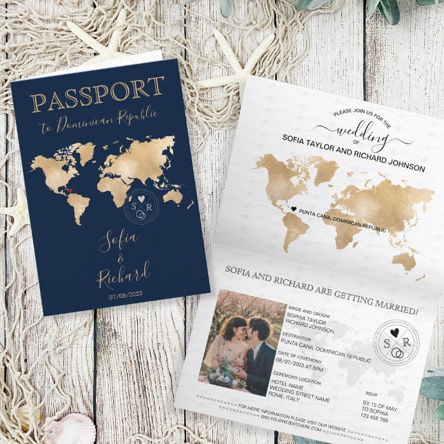 Invitación Boda Destino Pasaporte Mapa Mundial Punta Cana (dominican republic passport wedding)
