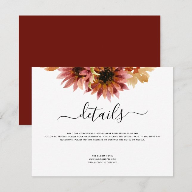 Invitación Boda detalla el país del girasol Borgoña (Anverso / Reverso)