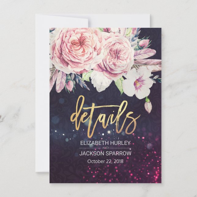 Invitación Boda Detalle Floral Purple Sparkle String Luces (Reverso)