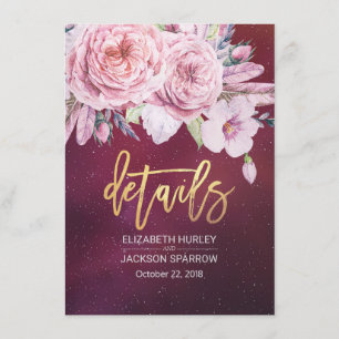 Invitación Boda Detalle Floral String Luces Borgoña Rojo