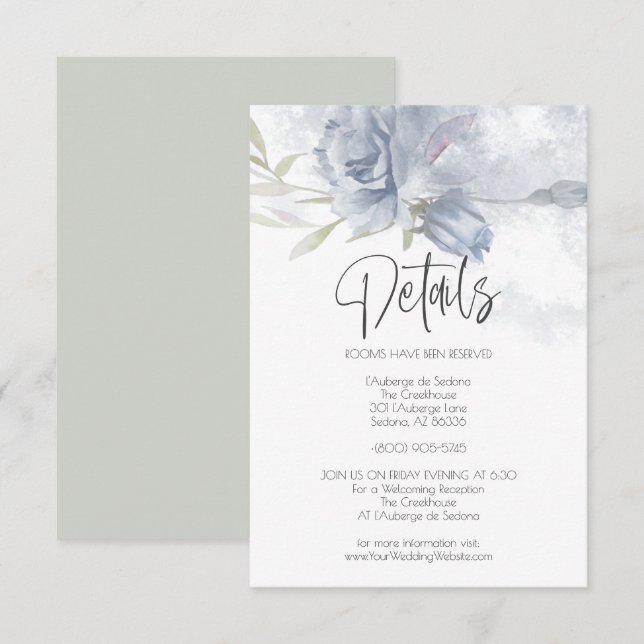 Invitación Boda Detalles de Rosas de acuarela azul turbio (Anverso / Reverso)