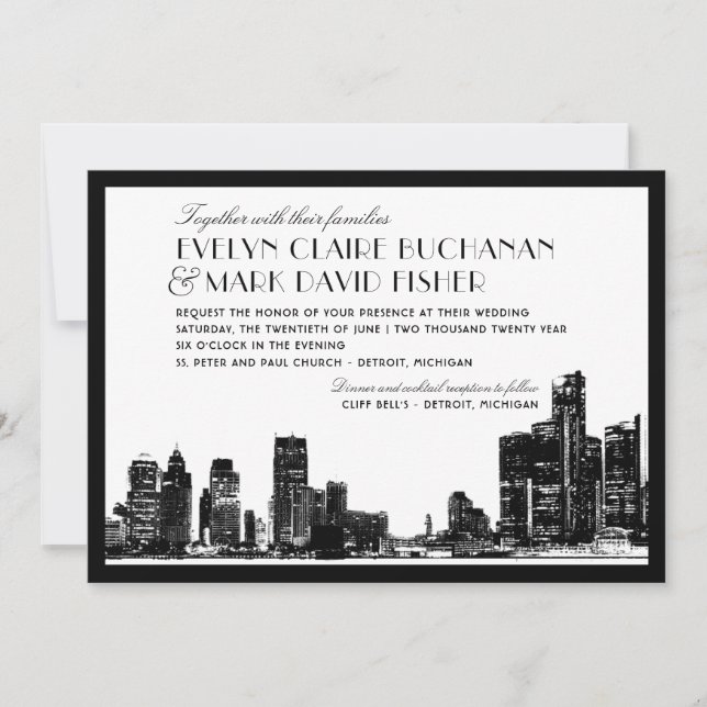 Invitación Boda Detroit Skyline Art Deco (Anverso)