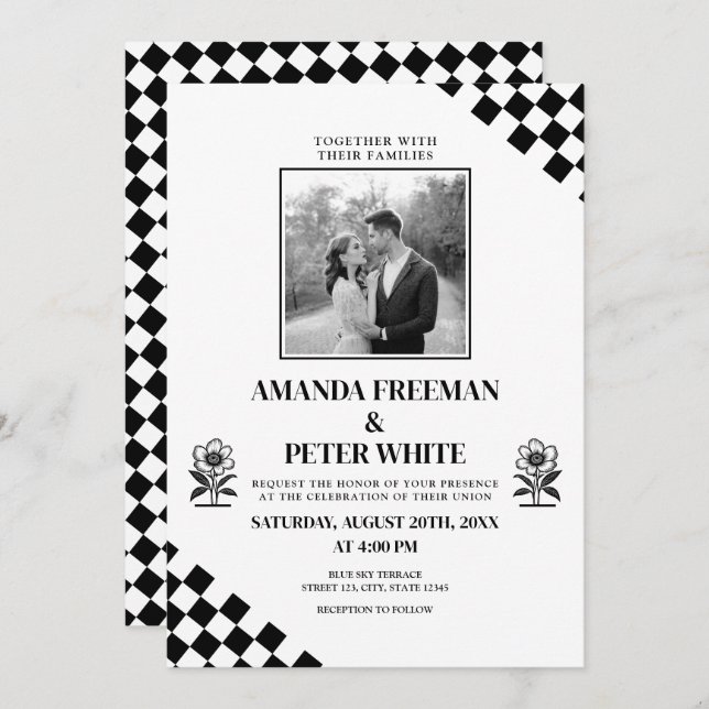 Invitación Boda Diagonal Black Flower Bold Checkers (Anverso / Reverso)