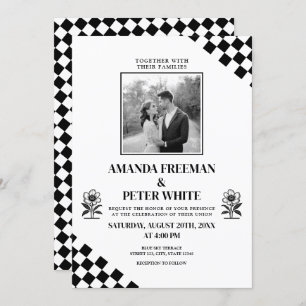 Invitación Boda Diagonal Black Flower Bold Checkers