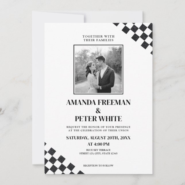 Invitación Boda Diagonal Black Purpurina Bold Checkers (Anverso)