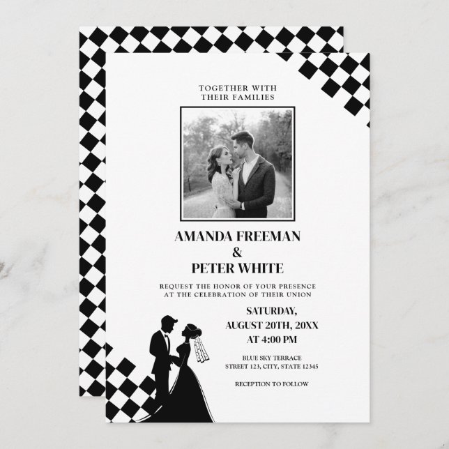 Invitación Boda Diagonal Black Silhouette Bold Checkers (Anverso / Reverso)