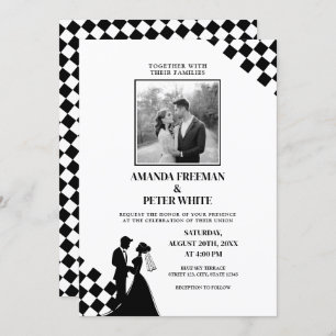 Invitación Boda Diagonal Black Silhouette Bold Checkers