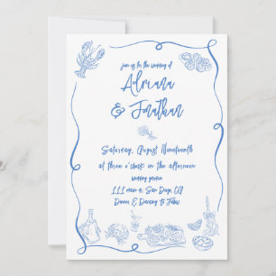 Invitación Boda dibujada a mano azul y blanca
