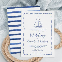 Invitación Boda Dibujada a Mano Barco de Vela Náutico Azul Ma
