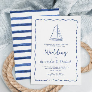 Invitación Boda Dibujada a Mano Barco de Vela Náutico Azul Ma