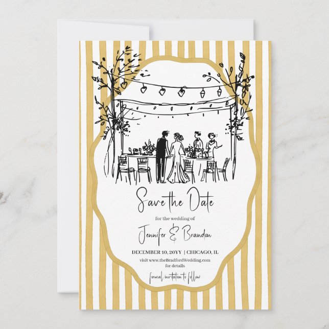 Invitación Boda dibujada a mano con rayas mostaza (Reverso)