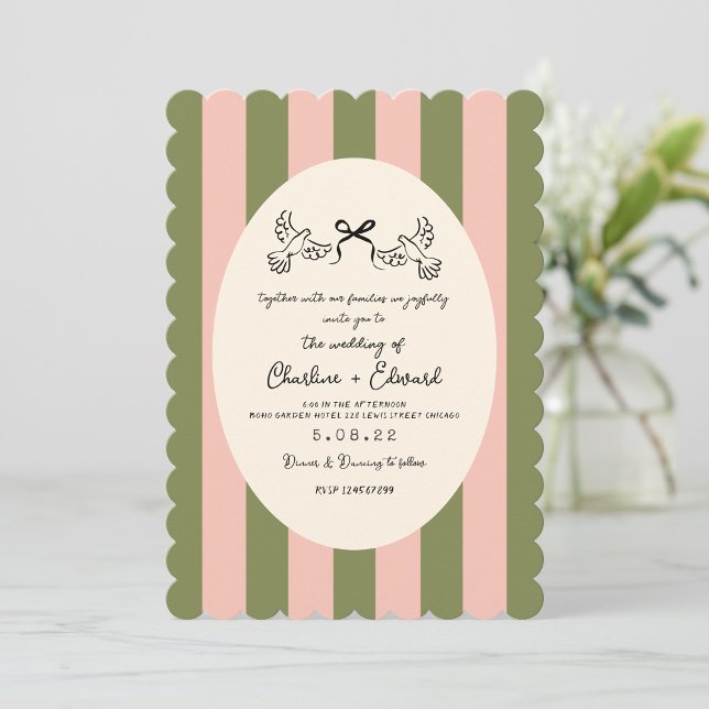 Invitación Boda Dibujada a Mano con Rayas Verdes y Rosas (Subido por el creador)