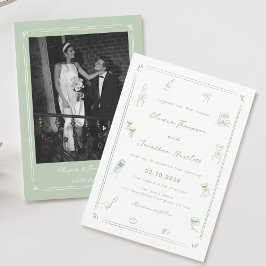 Invitación Boda dibujado a mano blanca y verde
