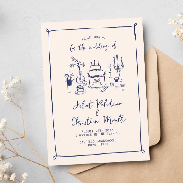 Invitación Boda dibujado a mano de garabato con grillo capric (whimsical hand drawn wedding invitation with wedding table cake and drink illustrations)