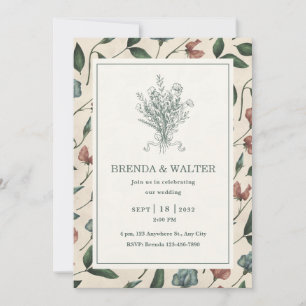 Invitación Boda Dibujo Flor Silvestre Rústica Crema Elegante