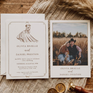 Invitación Boda Dibujo Rústico Occidental Pareja Campestre Fo