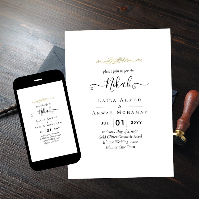 Invitación Boda digital o de impresión NIKAH blanco de oro cl (Subido por el creador)