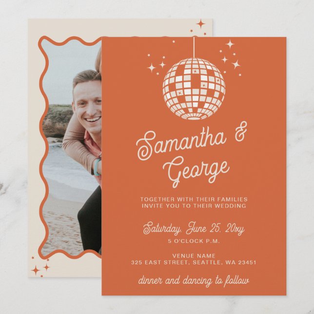 Invitación Boda Disco Foto Naranja Marfil Retro Groovy 70s (Anverso / Reverso)