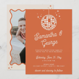 Invitación Boda Disco Foto Naranja Marfil Retro Groovy 70s