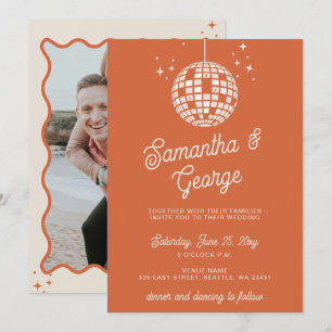 Invitación Boda Disco Foto Naranja Marfil Retro Groovy 70s
