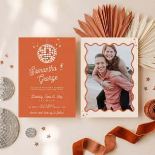 Invitación Boda Disco Foto Naranja Marfil Retro Groovy 70s