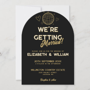 Invitación Boda Disco Groovy Todo en Uno Negro y Dorado