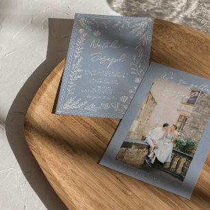 Invitación Boda divertida con flores botánicas azules de Boho