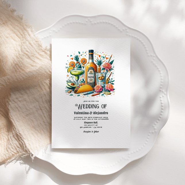 Invitación Boda Divertida de Tacos y Tequila con Botella con  (Fun Tacos and Tequila Wedding with Monogram Bottle Invitation)
