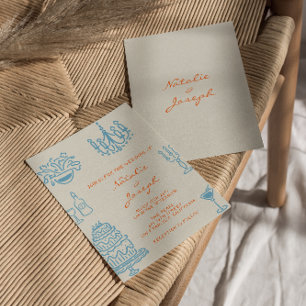 Invitación Boda Divertida Dibujada a Mano Naranja Azul