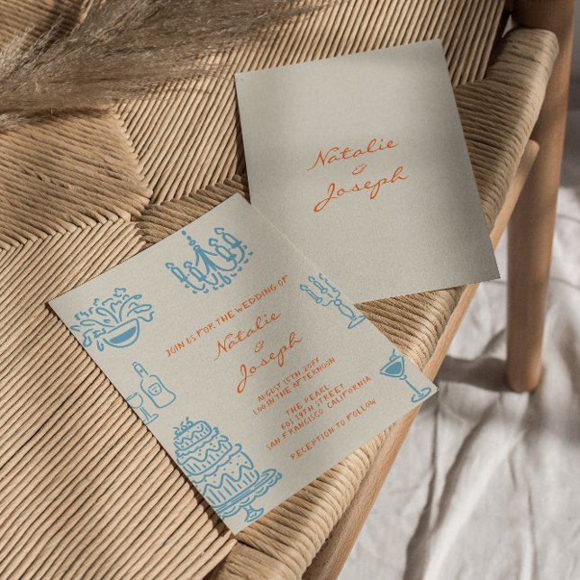 Invitación Boda Divertida Dibujada a Mano Naranja Azul (Subido por el creador)