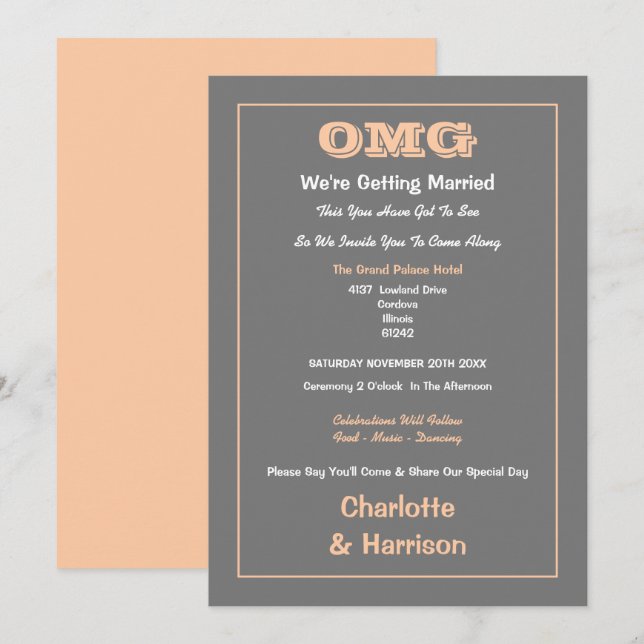 Invitación Boda divertida e informal de gris melocotón (Anverso / Reverso)