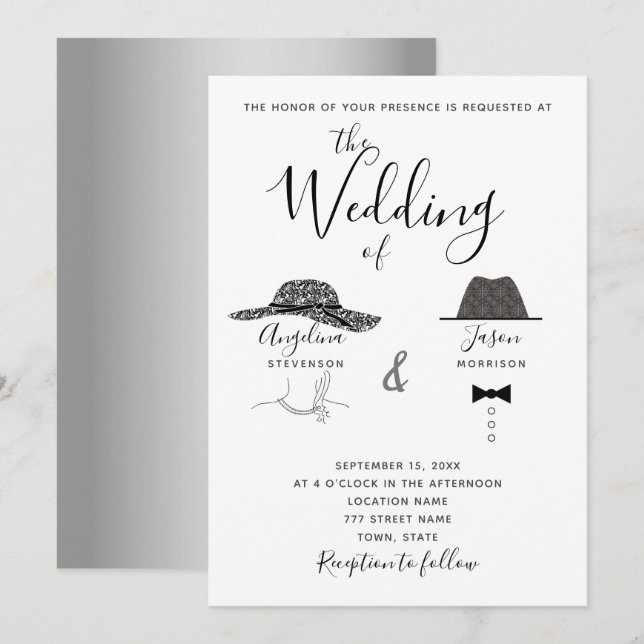 Invitación Boda divertida en blanco y negro (Anverso / Reverso)
