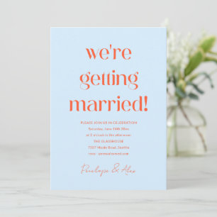 Invitación Boda divertida en naranja y azul claro