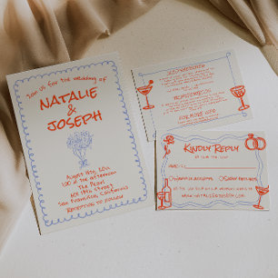 Invitación Boda divertida escrita a mano retro azul naranja