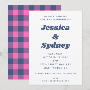Invitación Boda divertida retro a cuadros morado y azul