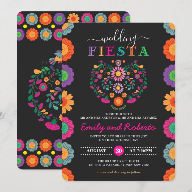 Invitación Boda divertida y festiva Fiesta Floral Mexicana (Anverso / Reverso)