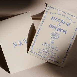 Invitación Boda divertida y retro con escritura a mano en azu