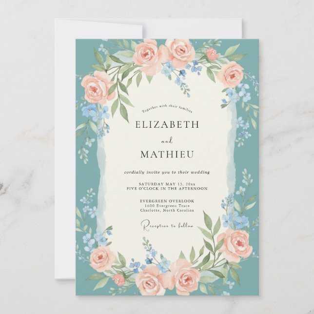 Invitación Boda Divina Turquesa de Primavera (Anverso)