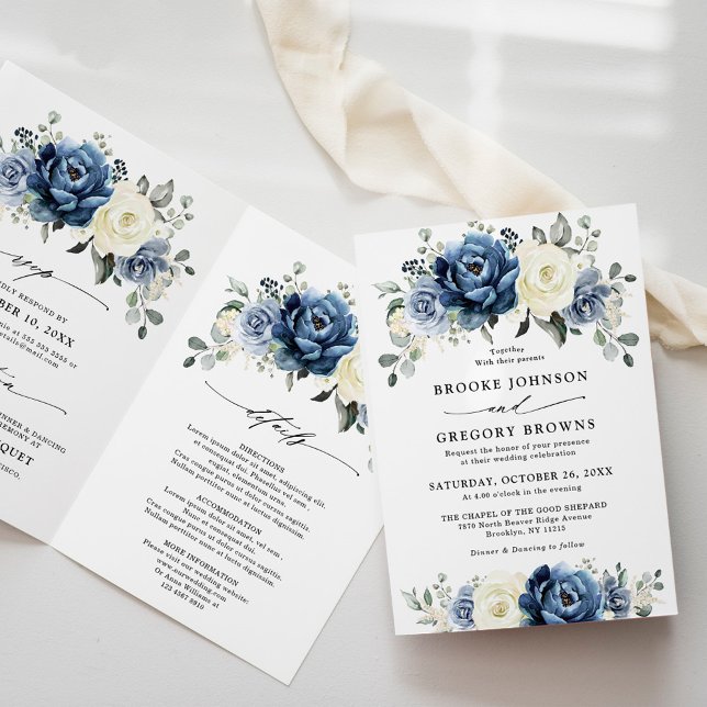 Invitación Boda doblado de marfil de la marina azul turquesa  (Dusty Blue Navy Champagne Ivory Floral Wedding Invitation)