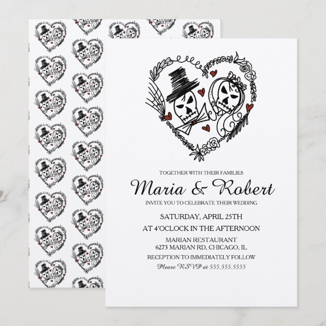 Invitación Boda Doodle de Esqueleto Blanco Negro Gótico (Anverso / Reverso)