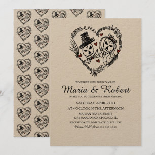 Invitación Boda Doodle de Esqueleto Blanco Negro Gótico