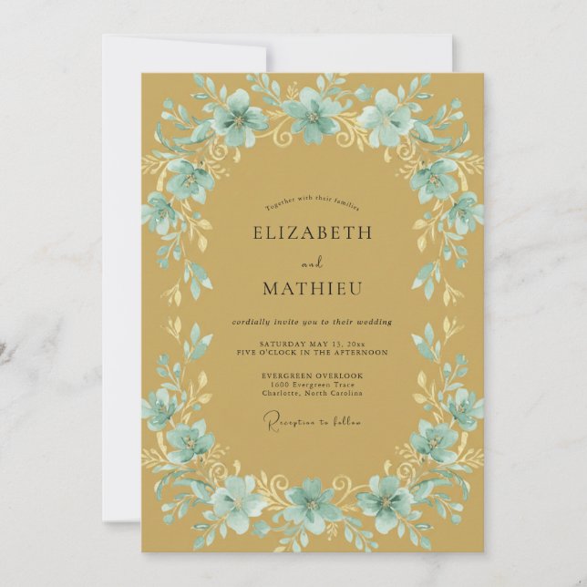 Invitación Boda Dorada Acuática Frondosa (Anverso)