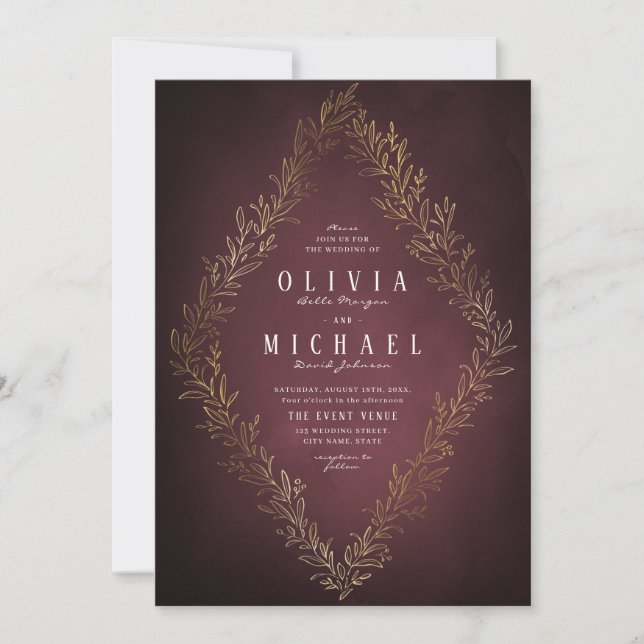 Invitación Boda dorada burgundy botánica elegante (Anverso)