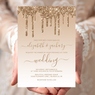 Invitación Boda Dorada con Brillo que Cae Chic