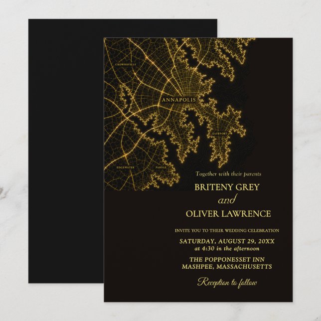Invitación Boda dorada de Annapolis MD Bahía de Chesapeake (Anverso / Reverso)