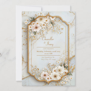 Invitación Boda Dorada de Cosmos Helado de Marmol de Marfil
