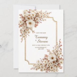 Invitación Boda dorada de flor de cerezo de marfil escalopado