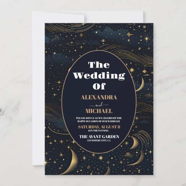 Invitación Boda dorada de luna creciente celestial (Anverso)