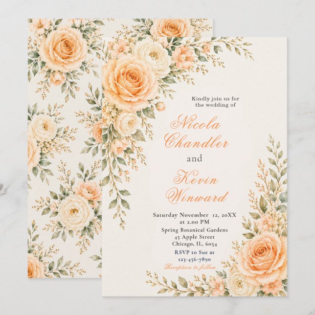 Invitación Boda dorada de melocotón y champán (Anverso / Reverso)
