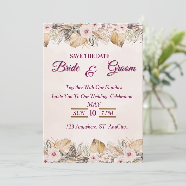 Invitación Boda dorada floral elegante  (Anverso de pie)